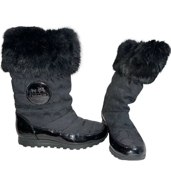 COACH JOYOUS A7303 Patent Leather Fur Trim Logo Winter Zip Boots Shoes Womens 6